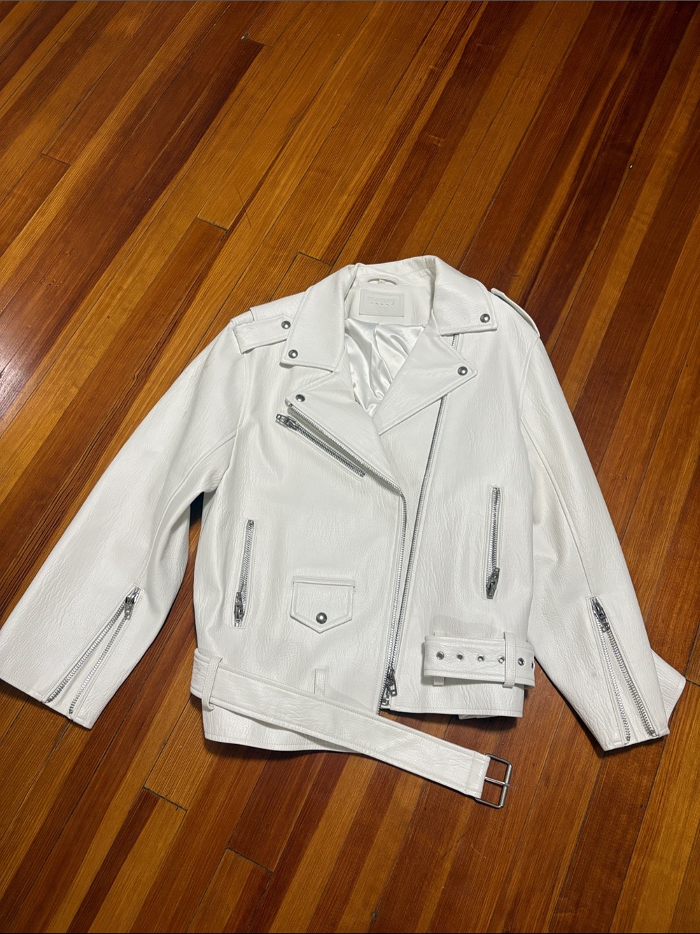 Blank NYC White Faux Leather Moto Jacket with Silver Hardware